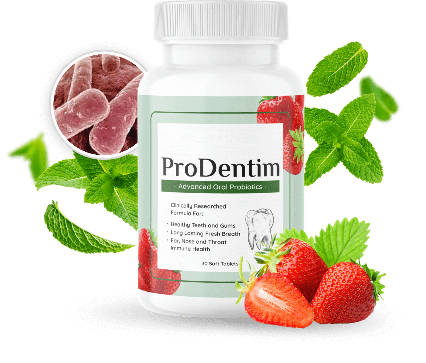 ProDentim advanced oral probiotics bottle with strawberry and mint